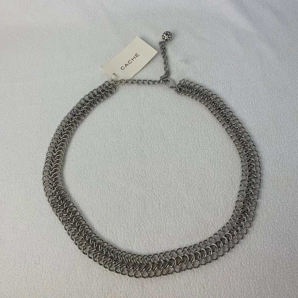 Cache Silver Heavy 3 Row Chain Statement Necklace 1” Wide New - Picture 2 of 9